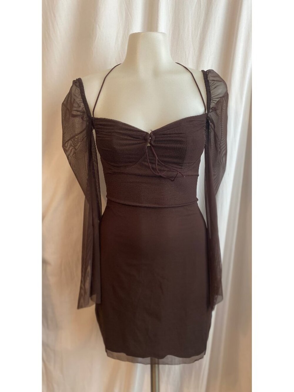 Brown Ruched Bust Mini Dress Sheer Puff Sleeves Halter Tie S